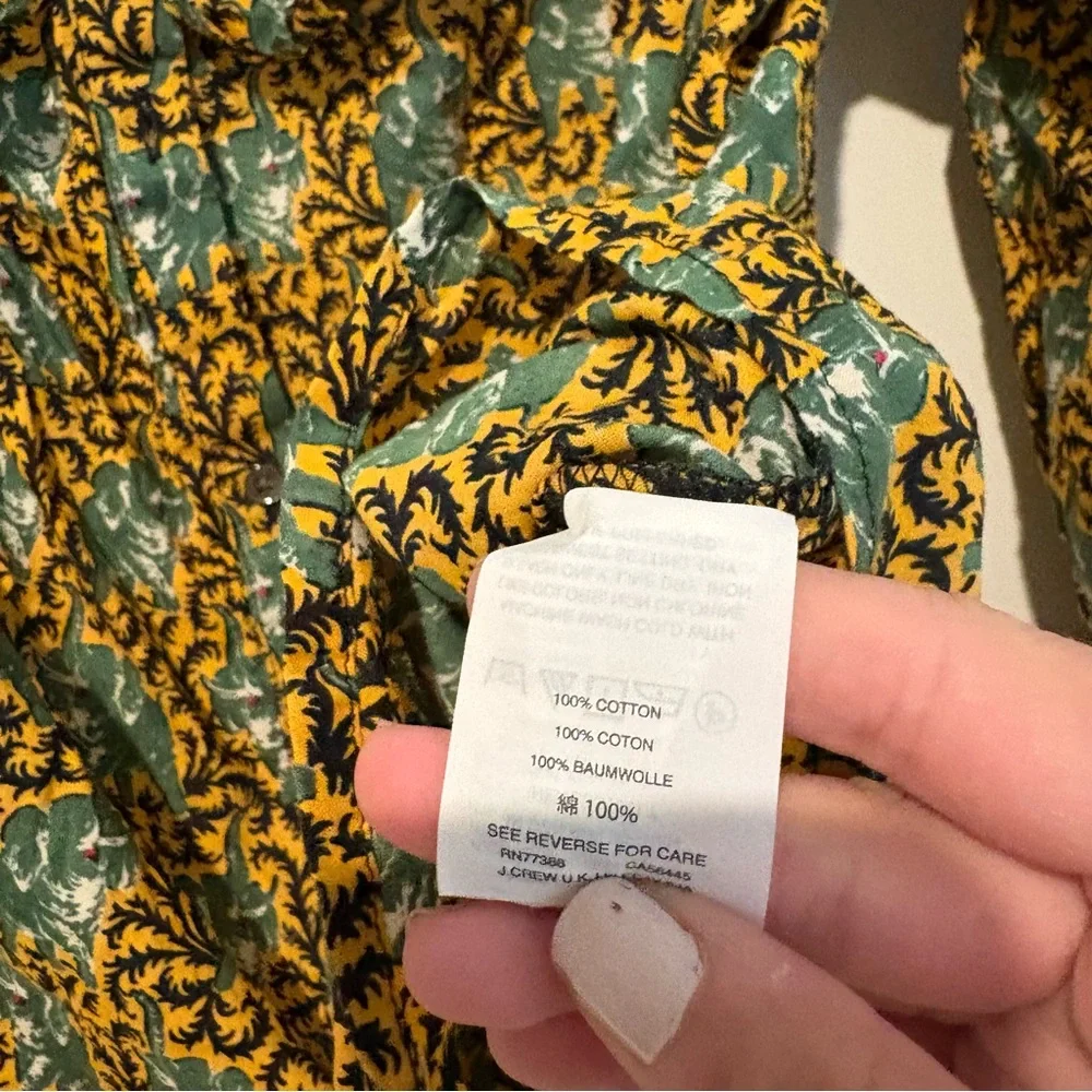 J Crew Ratti Elephant Print Off-the-Shoulder Ruffle Top Gold Green‎ Size 4